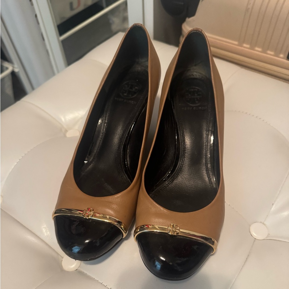 Tory Burch Black and Tan Wedges with Gold Detail